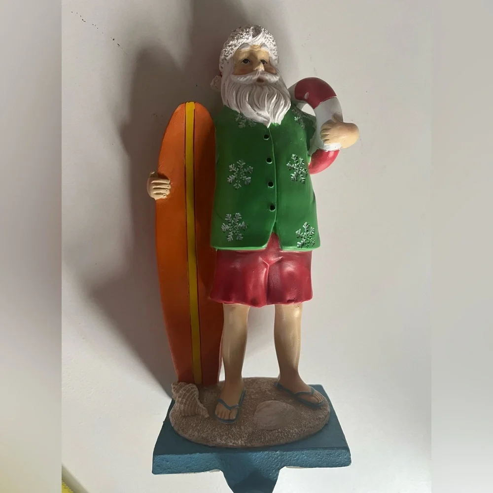 Christmas Mantle Surfing Santa Stocking Holder Holiday Decor Felted Bottom